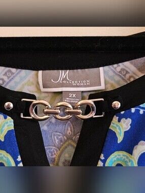 JM Collection Blue and Black Paisley Keyhole Tunic